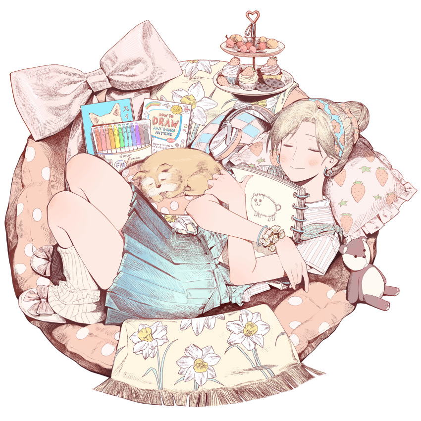 1girl blue_skirt blush book bow bracelet brown_hair commentary_request cookie crayon dessert earrings floral_print food food_print footwear_bow fruit_print hair_bun hairband headphones highres hoop_earrings hugging_object jewelry large_bow leg_warmers lying murashige_yuzuki on_back pillow pleated_skirt print_hairband sketchbook skip_to_loafer skirt sleeping solo strawberry_print stuffed_animal stuffed_toy tanzao tiered_tray unworn_headphones white_leg_warmers
