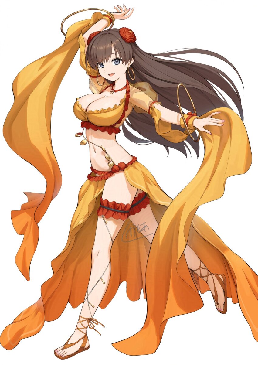 1girl arabian_clothes armband belly_chain blue_eyes bra breasts brown_hair choker choker_jewel cleavage cross-laced_sandals dancer dancing earrings fate/grand_order fate_(series) flower frilled_bra frilled_panties frilled_thigh_strap frills from_side full_body hair_flower hair_ornament highres hoop hoop_earrings jewelry kamo_ashi large_breasts long_hair looking_at_viewer mata_hari_(fate) navel open_mouth orange_bra orange_panties orange_sandals orange_sarong orange_sleeves orange_veil panties pom_pom_(clothes) puffy_short_sleeves puffy_sleeves red_armband red_choker red_flower red_straps revealing_clothes sandals sarong see-through_clothes see-through_sleeves short_sleeves simple_background smile solo thigh_strap thighs turning_head type-moon underwear veil white_background wrist_bow wrist_cuffs