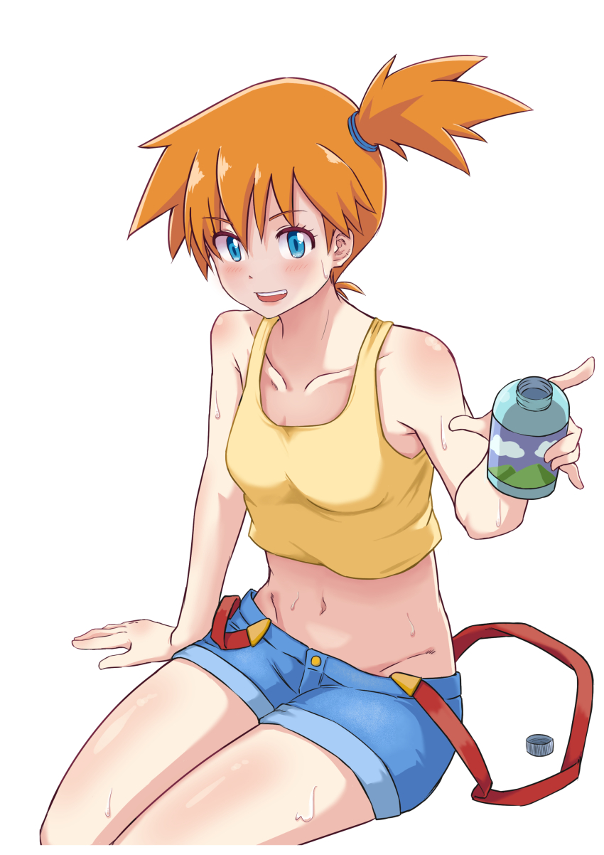 1girl :d arm_support bare_arms bare_shoulders blendinglight blue_eyes blue_shorts blush bottle breasts collarbone crop_top denim denim_shorts eyelashes groin hair_tie holding holding_bottle looking_at_viewer midriff misty_(pokemon) navel nintendo open_mouth orange_hair pokemon pokemon_(anime) pokemon_(classic_anime) ponytail shiny_skin shirt short_hair short_shorts shorts side_ponytail simple_background sitting sleeveless smile solo suspender_shorts suspenders suspenders_slip sweat tank_top teeth tongue upper_teeth_only water_bottle white_background yellow_shirt yellow_tank_top
