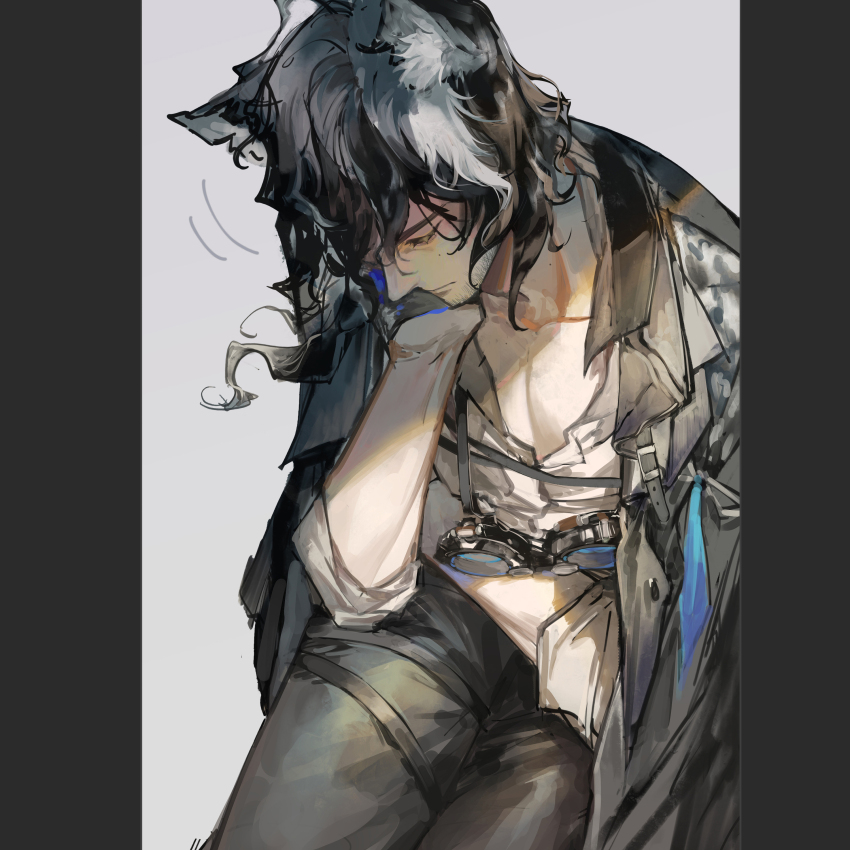1boy abs absurdres animal_ear_fluff animal_ears arknights beard_stubble black_gloves black_hair black_jacket black_pants closed_eyes collarbone commentary_request cowboy_shot elbow_rest enmokuritsu-d facial_hair fox_boy fox_ears gloves goggles goggles_around_neck grey_background grey_hair half_gloves head_on_hand head_rest highres jacket jacket_on_shoulders long_hair male_focus mole mole_on_neck mole_under_eye multicolored_hair nowell_(arknights) pants partially_unbuttoned pectoral_cleavage pectorals shade shirt simple_background sitting sleeping sleeping_upright sleeves_rolled_up solo streaked_hair stubble thigh_strap white_hair white_shirt