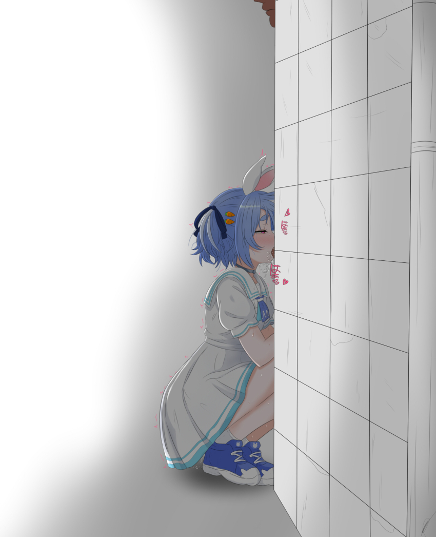 1boy 1girl animal_ears ankle_socks bakerdex blue_hair blue_neckerchief blue_shoes blush commentary english_commentary fellatio from_side highres hololive neckerchief one_side_up oral purple_eyes rabbit_ears rabbit_girl sailor_collar saliva shirt shoes short_hair short_sleeves skirt sneakers socks squatting thick_eyebrows usada_pekora virtual_youtuber white_sailor_collar white_shirt white_skirt white_socks
