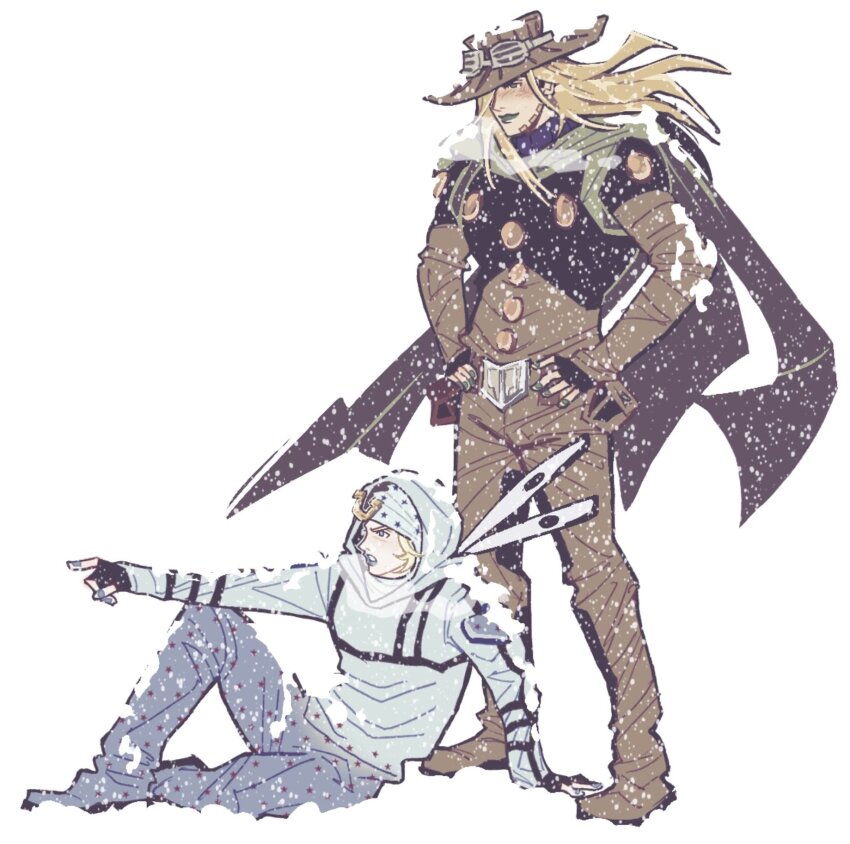 2boys black_gloves blonde_hair blue_pants brown_hat brown_pants chest_harness commentary cowboy_hat english_commentary facial_mark fingerless_gloves floating_hair gloves gyro_zeppeli hands_on_own_hips harness hat highres hood hood_up hooded_shirt johnny_joestar jojo_no_kimyou_na_bouken long_hair long_sleeves male_focus multiple_boys pants scrotummuncher shirt sitting snow snowing standing steel_ball_run white_background white_shirt
