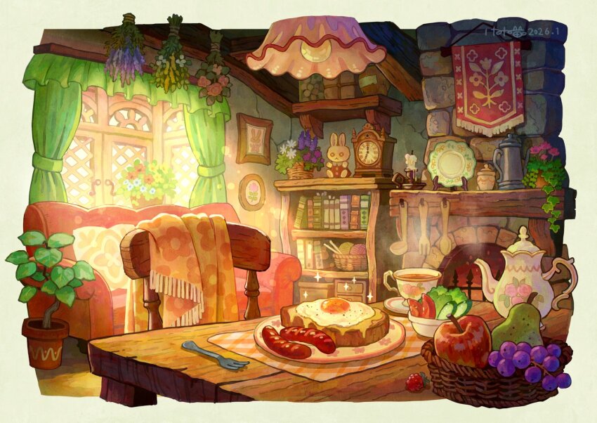 apple bookshelf bowl bread bread_slice candle ceiling_light chair chimney commentary_request cup drink food fork fried_egg fruit grapes indoors kemi_neko no_humans original pear plant plate potted_plant raspberry salad saucer sausage scenery table tea teacup toast window wooden_chair wooden_table yarn yarn_ball