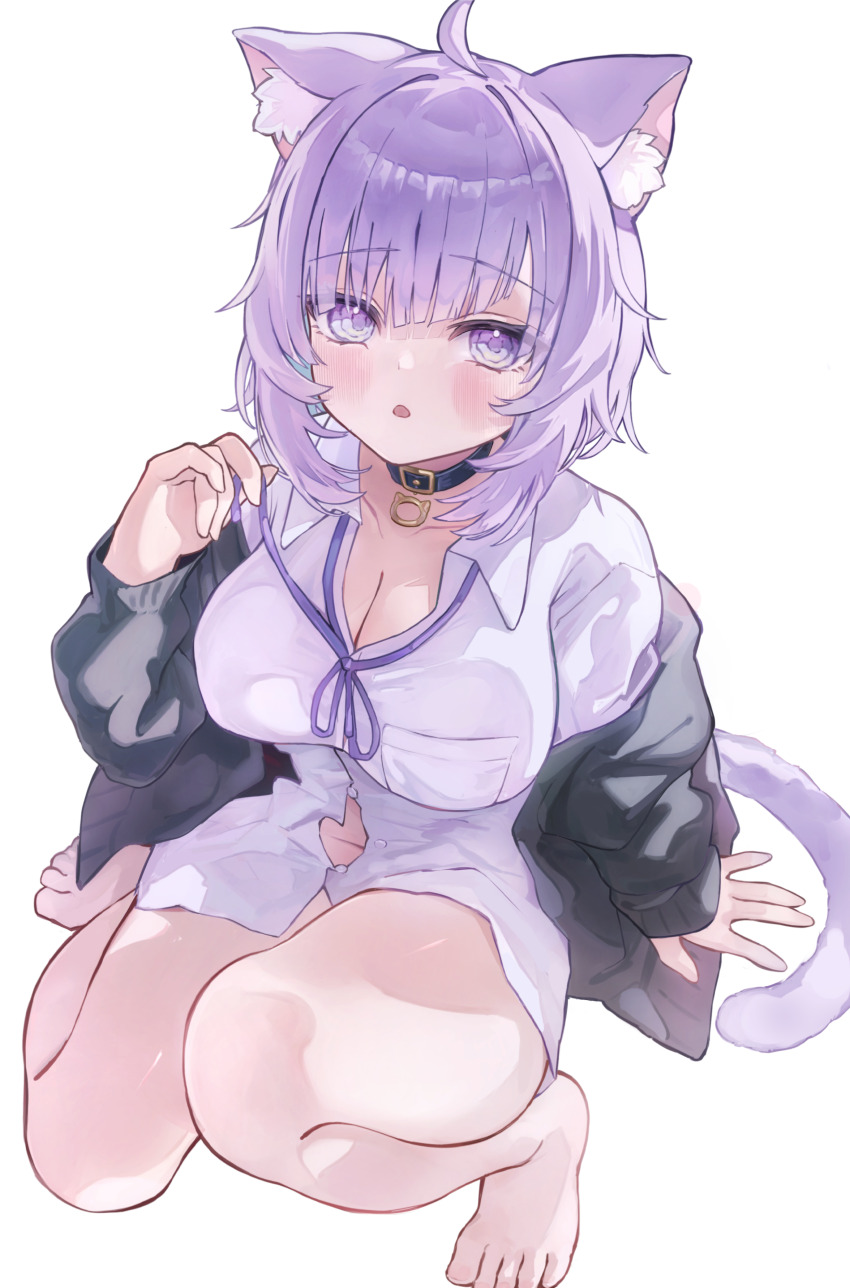 1girl absurdres ahoge animal_ear_fluff animal_ears barefoot blush breasts cat_ears cat_girl cat_tail cleavage commentary_request feet highres hololive large_breasts looking_at_viewer navel nekomata_okayu nekomata_okayu_(oversized_shirt) nishiro_hato official_alternate_costume purple_eyes purple_hair smile solo tail toes virtual_youtuber