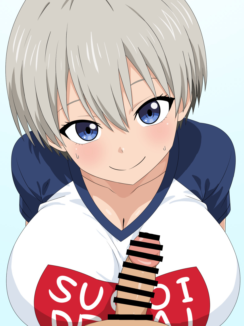1boy 1girl absurdres bar_censor blue_background blue_eyes blue_shirt blush breasts censored cleavage collarbone commentary_request erection grey_hair hair_between_eyes hetero highres huge_breasts looking_at_viewer migikoba penis pov print_shirt shadow shirt short_hair short_sleeves small_penis smile upper_body uzaki-chan_wa_asobitai! uzaki_hana white_shirt
