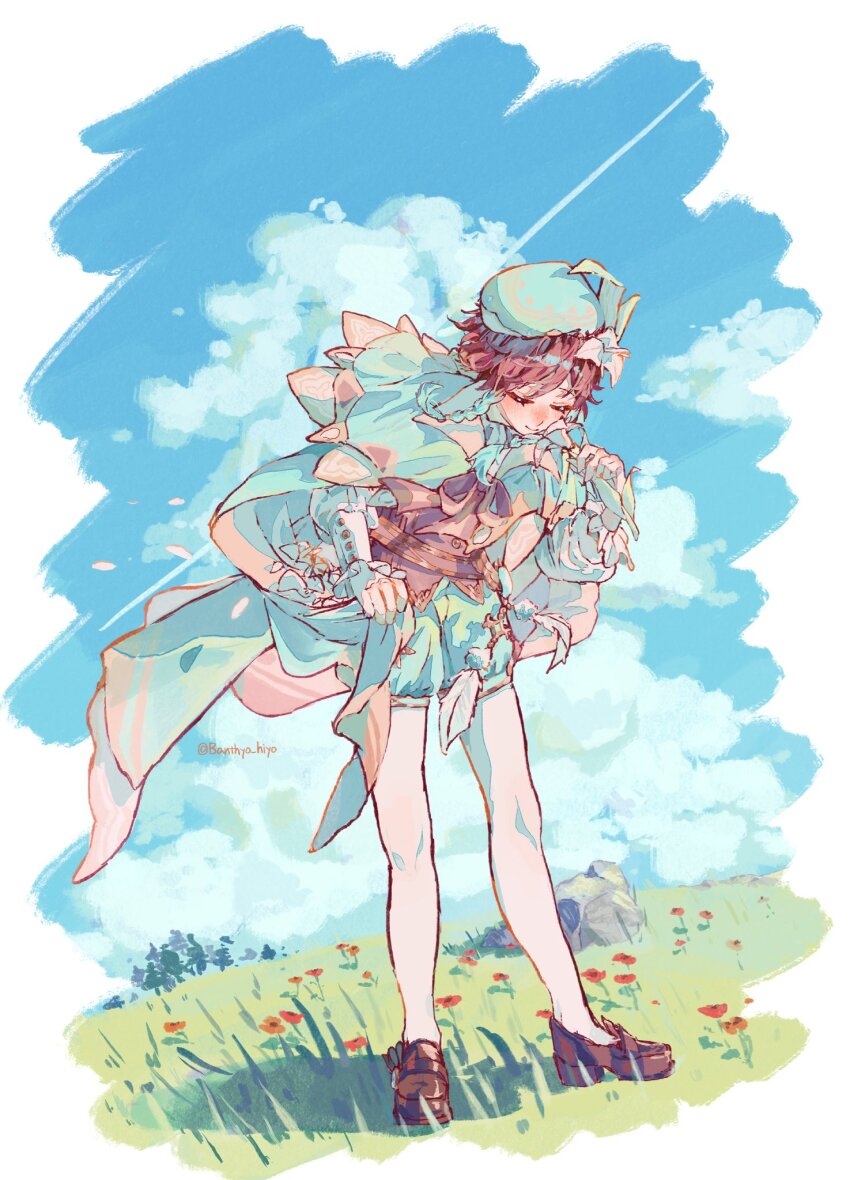 1boy androgynous aqua_gem aqua_hair artist_name baggy_shorts banthyo_hiyo belt beret black_hair blue_sky border bow bowtie braid brown_belt brown_bow brown_bowtie brown_corset brown_shoes buttons cape closed_eyes closed_mouth clothes_lift cloud cloudy_sky commentary corset day feathers floating_cape floating_hair flower full_body gem genshin_impact gradient_hair grass green_cape green_shorts hair_between_eyes hand_up hat hat_flower hat_ornament highres holding holding_flower jewelry leaf leaf_hat_ornament long_sleeves male_focus multicolored_hair outdoors outside_border pantyhose pendant puffy_long_sleeves puffy_sleeves red_flower rock shadow shirt shoes short_hair shorts sky smile solo standing striped_bow striped_bowtie striped_clothes symbol-only_commentary tree twin_braids two-sided_cape two-sided_fabric two-tone_hair venti_(genshin_impact) vision_(genshin_impact) white_border white_feathers white_flower white_pantyhose white_shirt yellow_cape
