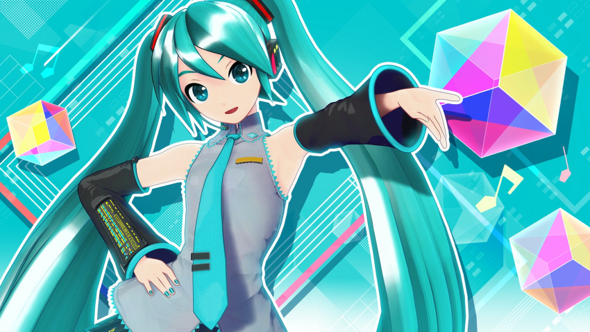 1girl 3d armband black_armband blue_eyes blue_hair blue_nails game_cg hand_on_own_hip hatsune_miku headphones highres long_hair musical_note necktie non-web_source official_art project_diva_(series) project_diva_mega39's skirt sleeveless tagme vocaloid