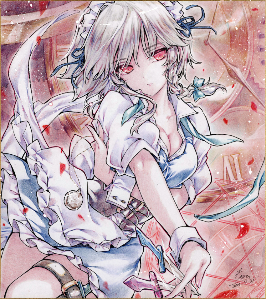 1girl absurdres apron between_fingers bow braid breasts cleavage clock closed_mouth colored_pencil colored_pencil_(medium) commentary_request commission dated glint green_bow grey_hair hair_bow highres holding holding_knife izayoi_sakuya knife knives_between_fingers long_hair looking_at_viewer maid maid_headdress monety pencil pocket puffy_short_sleeves puffy_sleeves red_eyes roman_numeral short_sleeves signature solo thigh_sheath thigh_strap touhou traditional_media twin_braids waist_apron white_apron wrist_cuffs