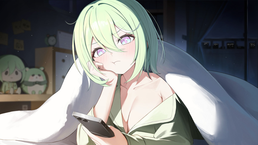 1girl :t absurdres alarm_clock bare_shoulders blush breasts cabinet calendar_(object) cellphone character_doll chico_(yuzuha_riko) cleavage clock collarbone commentary curtains desk doll elbow_rest gradient_eyes green_hair hair_between_eyes hand_on_own_cheek hand_on_own_face hand_up head_tilt highres holding holding_phone indoors large_breasts light_particles long_sleeves looking_at_viewer lying multicolored_eyes night on_stomach phone pout purple_eyes short_hair sidelocks single_bare_shoulder sleepwear smartphone solo stellive symbol-only_commentary two-tone_eyes under_covers virtual_youtuber window yireh yuzuha_riko