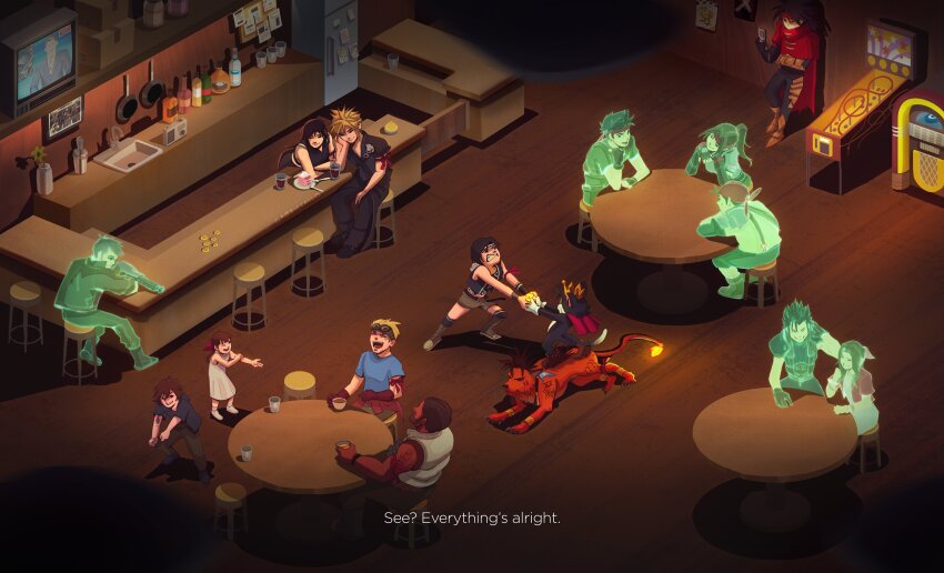 5girls 6+boys absurdres aerith_gainsborough against_wall bar_(place) barret_wallace biggs_(ff7) cait_sith_(final_fantasy) cid_highwind cloud_strife dark-skinned_male dark_skin denzel_(ff7) dyne_(ff7) final_fantasy final_fantasy_vii final_fantasy_vii:_advent_children gabbiepicasso goggles goggles_on_head highres jessie_rasberry laughing marlene_wallace multiple_boys multiple_girls pinball red_xiii seventh_heaven sitting spiked_hair table tifa_lockhart vincent_valentine wedge_(ff7) yuffie_kisaragi zack_fair