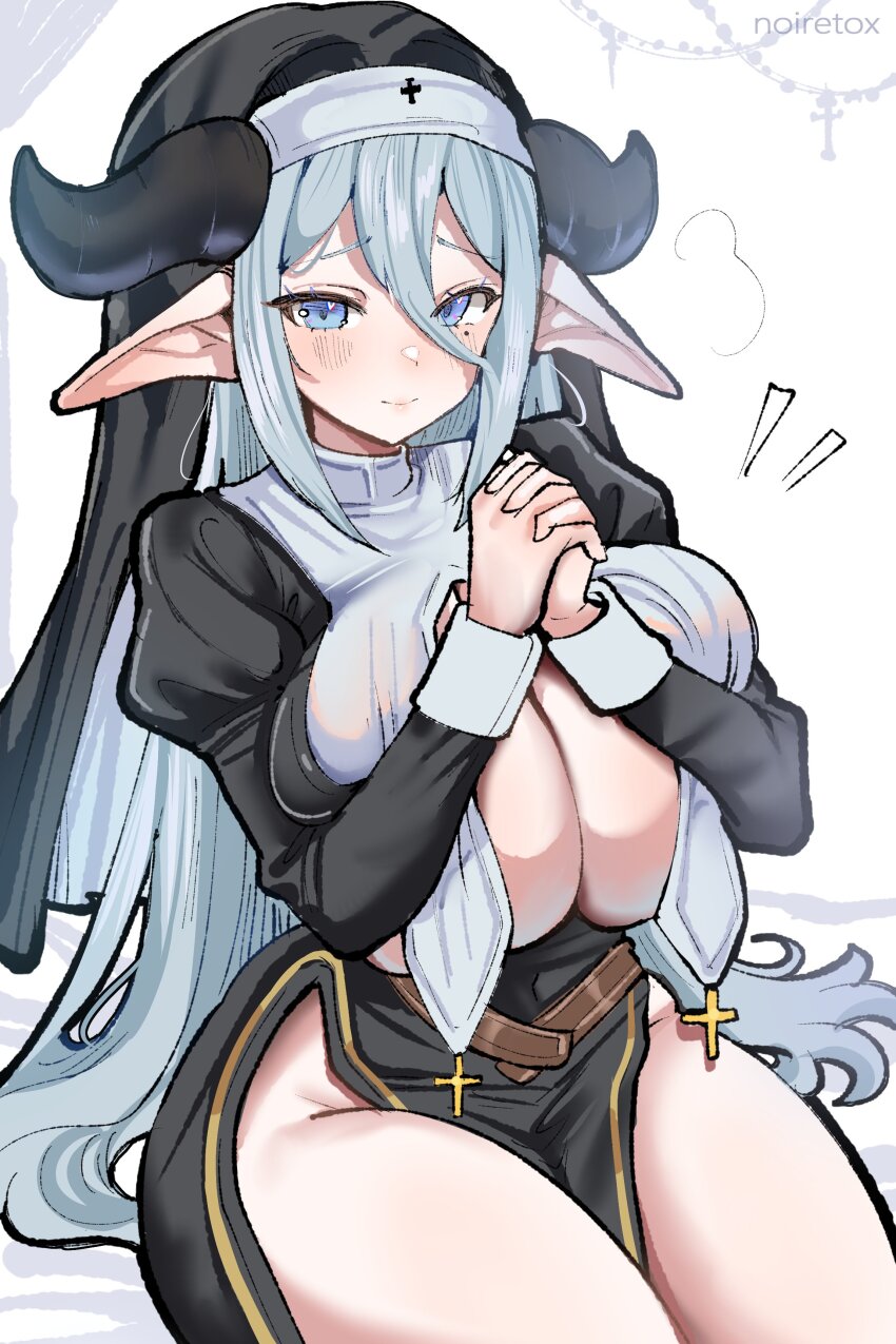 1girl artist_name belt black_dress blue_eyes blush breast_curtains breasts breasts_squeezed_together cleavage cleavage_cutout clothing_cutout coif commission covered_navel cross dress grey_hair habit hair_between_eyes hands_on_own_chest heart heart-shaped_pupils hood horns huge_breasts lips long_hair mole mole_under_eye no_panties noiretox nun original own_hands_clasped pelvic_curtain pointy_ears praying sitting smile solo straight_hair symbol-shaped_pupils white_background wimple