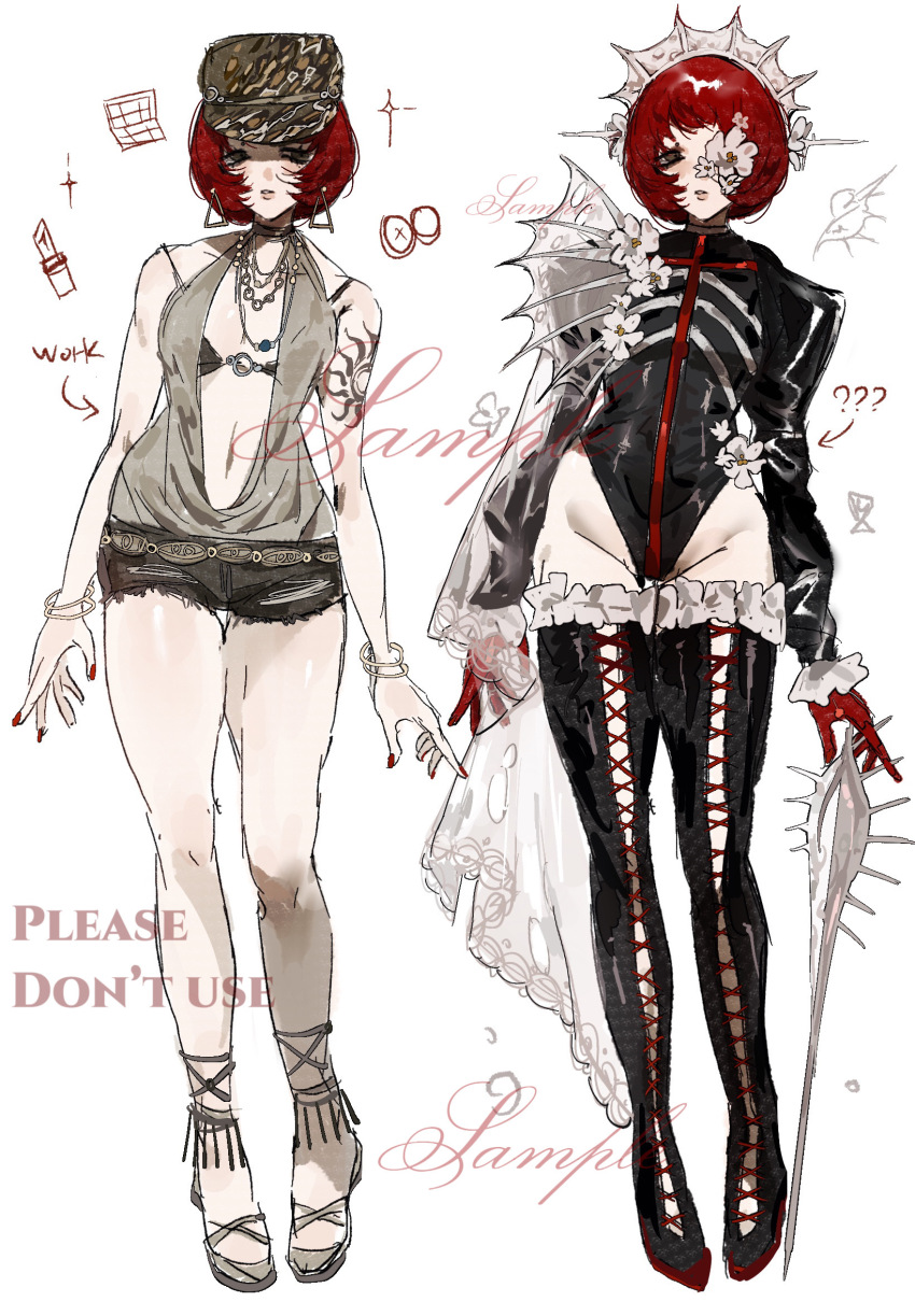 2girls adoptable arm_tattoo baydee belt black_boots black_jacket black_leotard black_thighhighs boots bra bracelet breasts brown_belt brown_eyes brown_hat brown_sandals brown_shorts chinese_commentary clothing_request commentary_request dual_persona earrings flower frilled_thighhighs frills full_body gloves hat highres hip_dips jacket jewelry lace-up_boots layered_sleeves leotard long_sleeves looking_at_viewer multiple_bracelets multiple_girls multiple_necklaces navel necklace o-ring o-ring_bra original plunging_neckline red_gloves red_hair red_nails revealing_clothes sample_watermark sandals see-through_clothes see-through_sleeves shirt short_bangs short_hair short_shorts shorts simple_background sleeveless sleeveless_shirt small_breasts stomach tattoo thigh_boots thighhighs thighs triangle_earrings underwear watermark white_background white_flower white_headdress