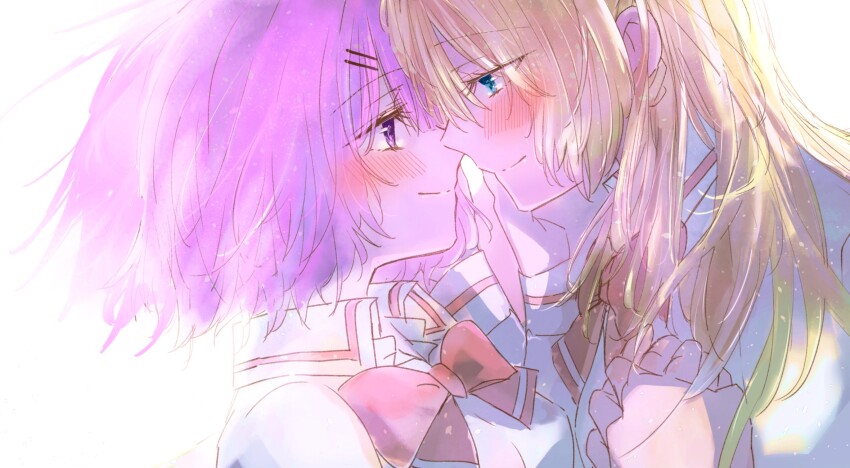 2girls amaori_renako ao_(aymr6215) blonde_hair blue_eyes blush bow bowtie closed_mouth commentary couple eye_contact hair_ornament hairclip hand_on_another's_cheek hand_on_another's_face highres holding_hands long_hair looking_at_another multiple_girls ouzuka_mai parallel_hairclips pink_hair purple_eyes red_bow red_bowtie shirt short_hair simple_background upper_body watashi_ga_koibito_ni_nareru_wake_naijan_murimuri! white_background white_shirt yuri