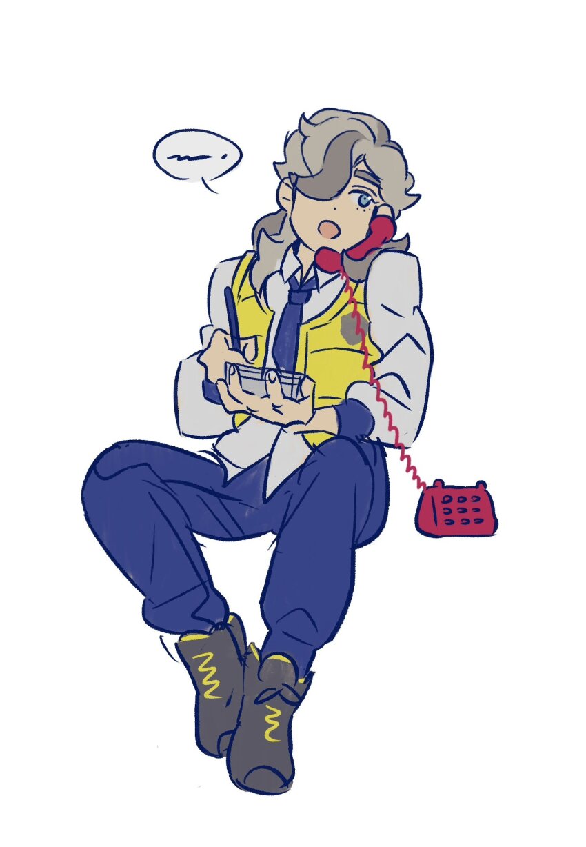 1boy arven_(pokemon) blue_necktie blue_pants boots brown_hair collared_shirt corded_phone hair_over_one_eye highres holding holding_pen invisible_chair long_hair male_focus mobuoji2022 necktie nintendo open_mouth pants pen phone pokemon pokemon_sv shirt simple_background sitting solo talking_on_phone vest white_background writing yellow_vest