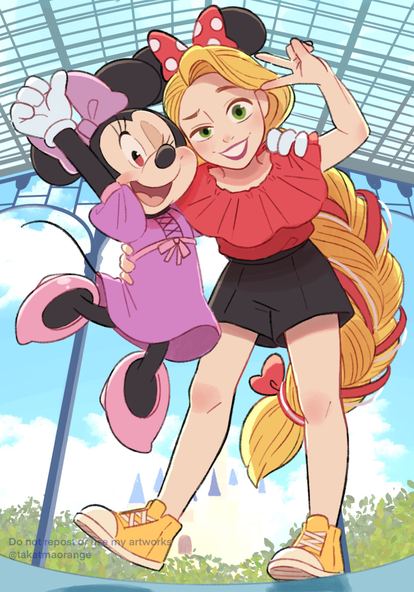 2girls absurdres alternate_costume animal_ears blonde_hair bow commentary company_connection crossover disney disneyland furry furry_female gloves green_eyes hair_bow high_heels highres long_hair looking_at_viewer mickey_mouse_&amp;_friends mickey_mouse_ears minnie_mouse minnie_mouse_ears mouse_ears mouse_girl multiple_girls open_mouth rapunzel_(disney) shirt smile takatmaorange tangled very_long_hair white_gloves