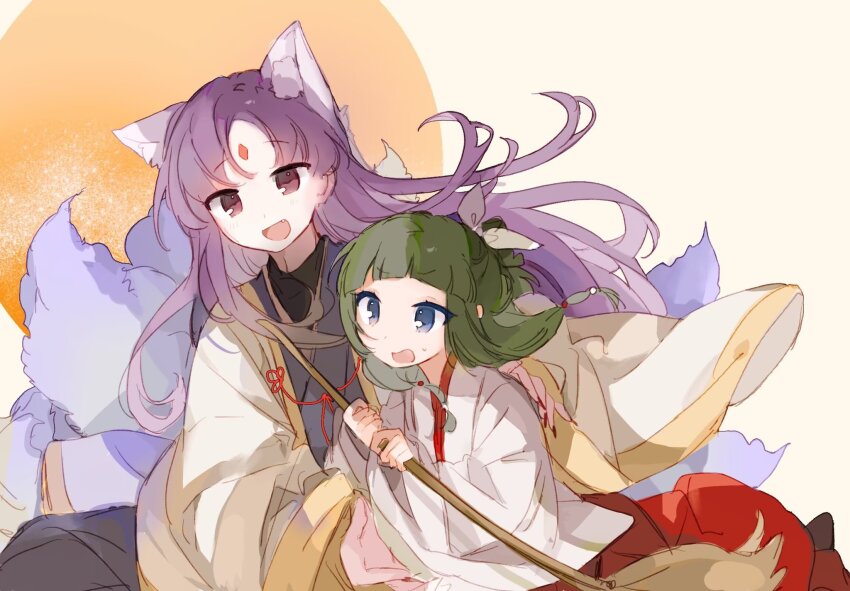 1boy 1girl animal_ear_fluff animal_ears beads blue_eyes blunt_bangs broom facial_mark fingernails forehead_mark fox_boy fox_ears fox_tail green_hair hair_beads hair_ornament hair_ribbon hashtag-only_commentary highres holding holding_broom jinshi_(kusuriya_no_hitorigoto) kamikiasu kusuriya_no_hitorigoto long_fingernails maomao_(kusuriya_no_hitorigoto) multiple_tails nail_polish open_mouth parted_bangs purple_eyes purple_hair red_nails red_skirt ribbon shirt skirt smile sweatdrop tail wavy_mouth white_shirt wide_sleeves