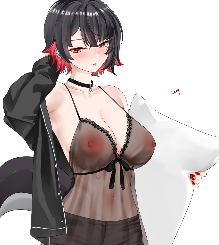1girl absurdres babydoll black_choker black_hair black_jacket black_shorts blush breasts cenotzsex choker commentary_request ellen_joe fins fish_tail highres holding holding_pillow jacket large_breasts multicolored_hair nipples pillow red_eyes red_hair see-through_babydoll see-through_clothes shark_girl shark_tail short_hair shorts simple_background solo tail two-tone_hair white_background zenless_zone_zero