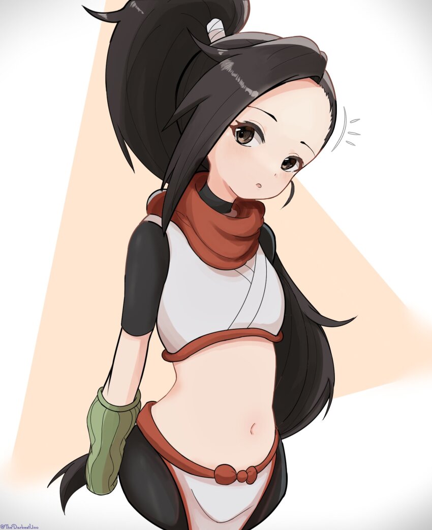 1girl commentary forehead high_ponytail highres kunoichi_tsubaki_no_mune_no_uchi long_hair navel ponytail red_scarf scarf simple_background solo surprised thedarkestuno tsubaki_(kunoichi_tsubaki_no_mune_no_uchi)