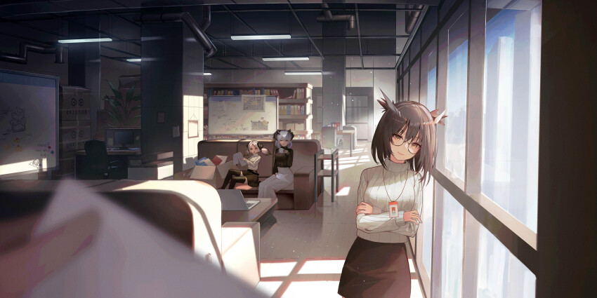 3girls absurdres arknights blurry book bookshelf box cardboard_box chair commentary computer couch cowboy_shot cropped cup desk dragon_horns feather_hair feathers glasses highres holding horns id_card ifrit_(arknights) indoors industrial_pipe laptop long_hair looking_at_viewer medium_hair monitor multiple_girls nomen office_chair owl_ears picture_frame plant reversed revision rhine_lab_logo ribbed_sweater saria_(arknights) semi-rimless_eyewear shirt silence_(arknights) skirt smile solo_focus sweater swivel_chair teacup twintails whiteboard window