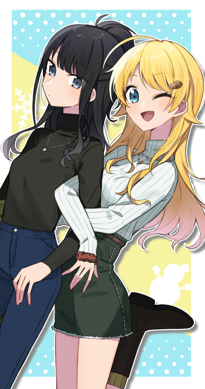 2girls absurdres ahoge arm_hug black_boots black_eyes black_hair black_sweater blonde_hair blue_background blue_eyes blue_pants blush boots breasts commentary_request cowboy_shot denim denim_skirt expressionless eyelashes fish_hair_ornament green_skirt hachimiya_meguru hair_flaps hair_ornament hairclip highres idolmaster idolmaster_shiny_colors jeans jewelry kazano_hiori leg_up legs long_hair long_sleeves looking_at_viewer medium_breasts multiple_girls necklace one_eye_closed open_mouth pants polka_dot polka_dot_background ponytail sidelocks skirt small_breasts smile snowflakes snowman sweater thighs trike_03 turtleneck turtleneck_sweater two-tone_background white_sweater yellow_background