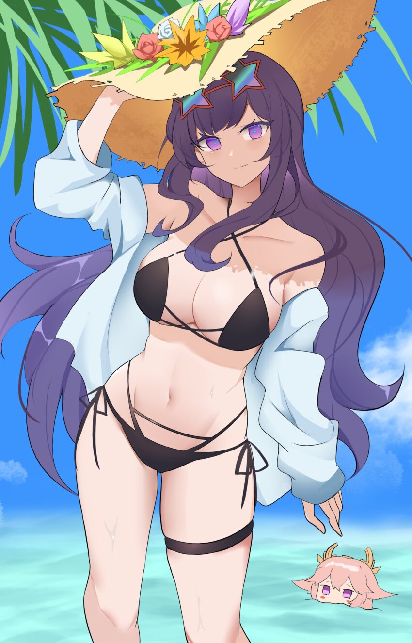 2girls alternate_costume arm_up armpit_crease aspen_kaiyou bare_shoulders beach bikini black_bikini blue_pupils blue_sky blunt_bangs breasts closed_mouth cloud cloudy_sky collarbone commentary english_commentary eyewear_on_head genshin_impact gradient_hair hair_down hat head_tilt headpiece highres jewelry light_smile long_sleeves multicolored_eyes multicolored_hair multiple_girls navel no_mole off_shoulder open_clothes outdoors palm_tree purple_eyes purple_hair raiden_shogun shade sky standing stomach sun_hat sunglasses swimsuit thighlet thighs tree upper_body water wavy_hair yae_miko