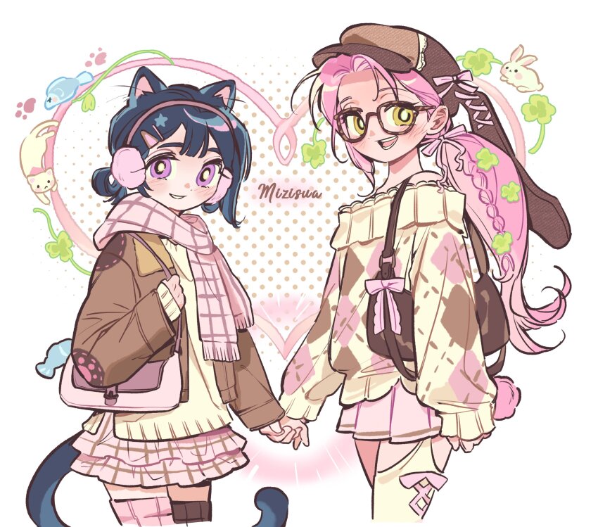 2girls absurdres alien_stage alternate_costume animal_ears argyle_clothes argyle_sweater black_hair braid brown_hat brown_jacket cat cat_ears cat_girl cat_tail clover commentary earmuffs fish glasses hat heart highres holding_hands jacket kerberos_(kerbe_) layered_skirt long_hair long_sleeves mizi_(alien_stage) multiple_girls off-shoulder_sweater off_shoulder pink_hair pink_scarf pink_skirt plaid_clothes plaid_scarf plaid_skirt ponytail purple_eyes rabbit rabbit_ears scarf ship_name skirt smile sua_(alien_stage) sweater tail yellow_eyes yellow_sweater