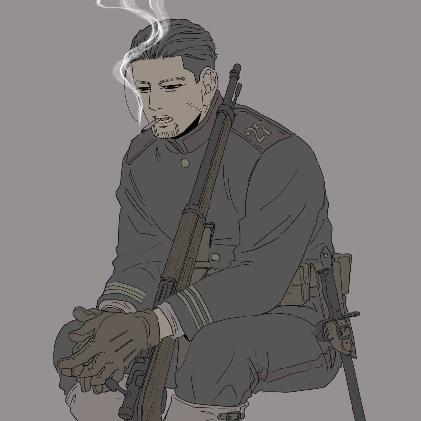 1boy belt_pouch black_hair bolt_action brown_gloves cigarette commentary_request dakuonpu facial_hair facial_scar gloves goatee golden_kamuy gun hair_slicked_back half-closed_eyes highres interlocked_fingers invisible_chair male_focus military_uniform ogata_hyakunosuke pouch rifle scar scar_on_cheek scar_on_face sitting smoke smoking solo undercut weapon
