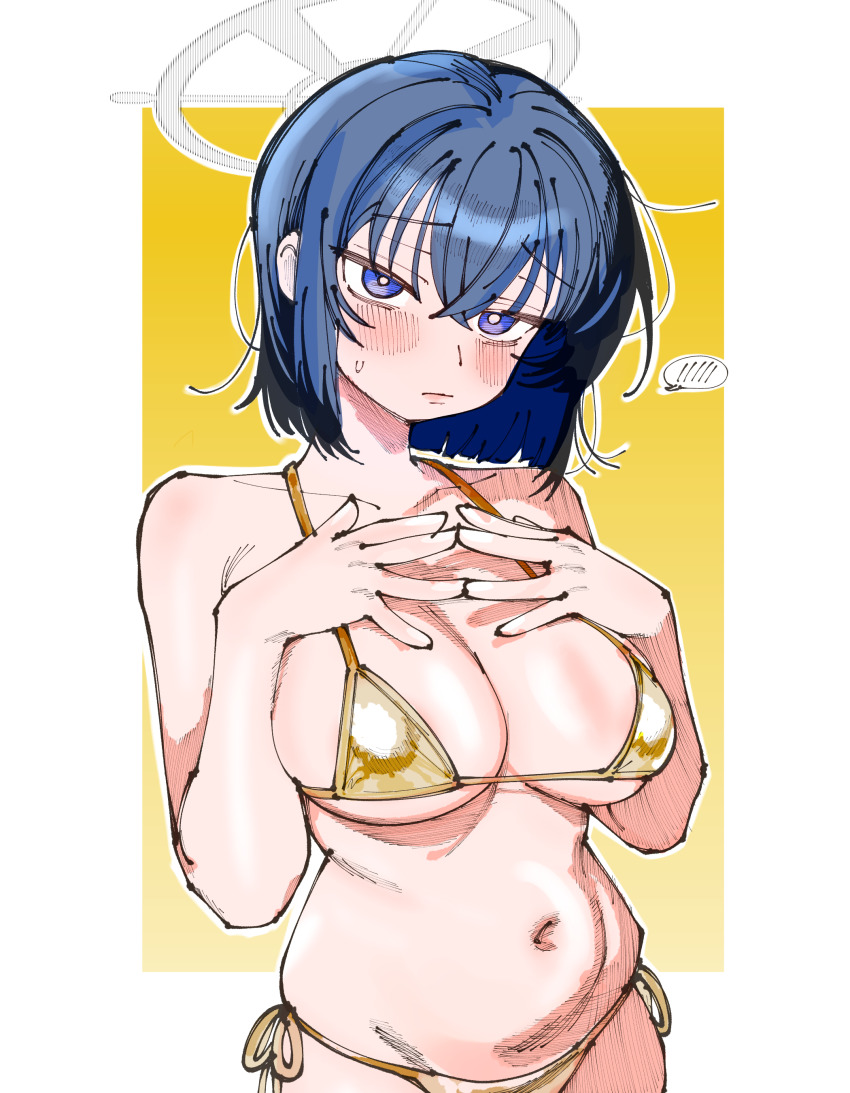 1girl absurdres bikini blue_archive blue_eyes blue_hair blush breasts cleavage closed_mouth commentary_request gold_bikini grey_halo halo highres kani_ka_nanika large_breasts navel saki_(blue_archive) short_hair solo speech_bubble spoken_blush string_bikini sweatdrop swimsuit