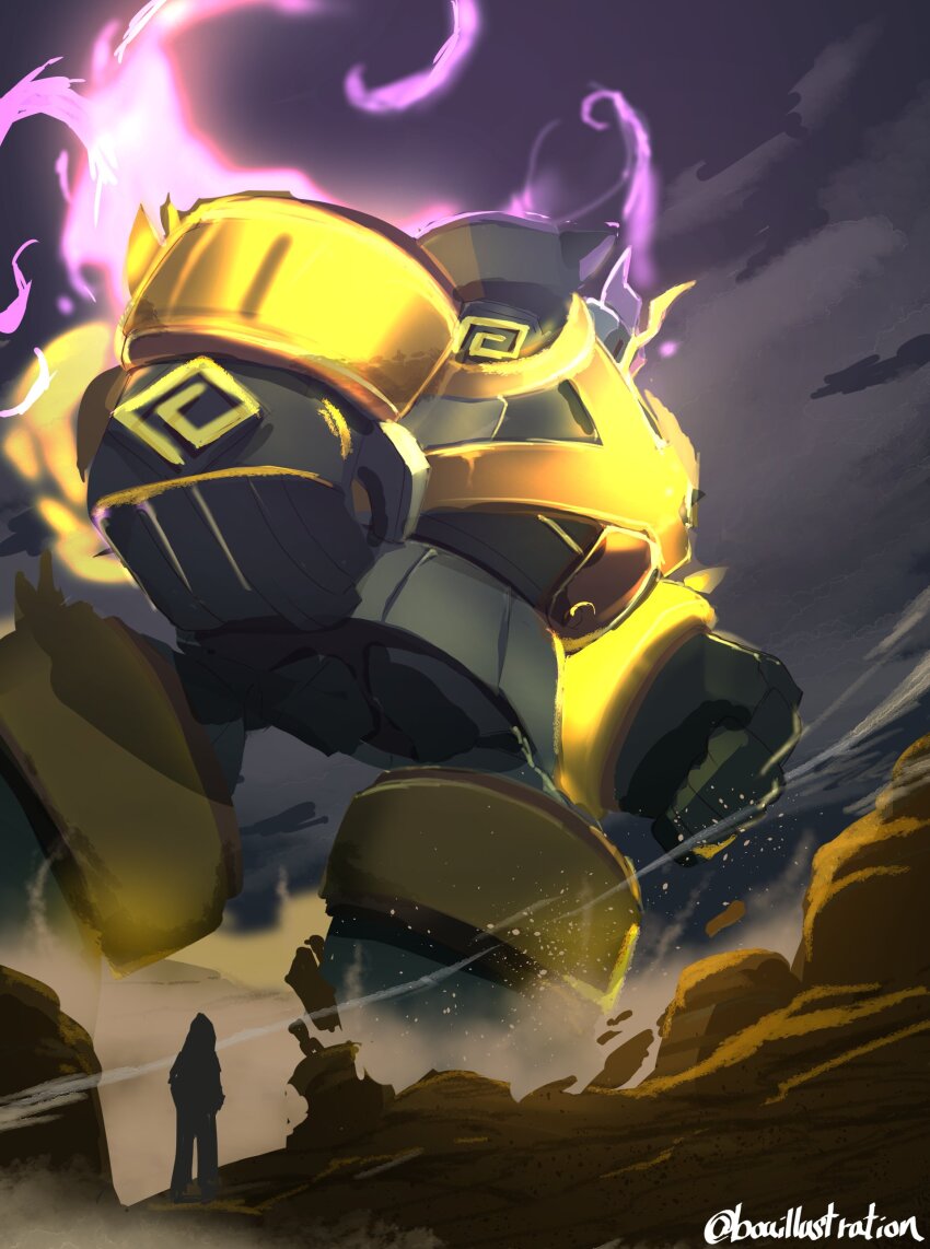 2others absurdres alternate_size aqua_skin asymmetrical_eyes aura bo_(bouillustration) clenched_hands cloud cloudy_sky colored_skin commentary_request gen_5_pokemon giant golem golurk highres light_particles mega_golurk mega_pokemon mixed-language_commentary multiple_others nintendo pokemon pokemon_(creature) pokemon_focus sky standing twitter_username wasteland yellow_trim