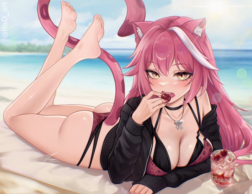 1girl animal_ear_fluff animal_ears animal_print ass barefoot beach bikini black_bikini black_jacket blush breasts cleavage collarbone commentary english_commentary eyelashes feet food fruit grey_hair highres holding holding_food holding_fruit hololive hololive_english irad_art jacket large_breasts leopard_print lying multicolored_hair ocean on_stomach open_mouth panther_ears panther_girl pink_bikini pink_hair print_bikini raora_panthera sand soles solo streaked_hair swimsuit the_pose toes two-tone_hair virtual_youtuber