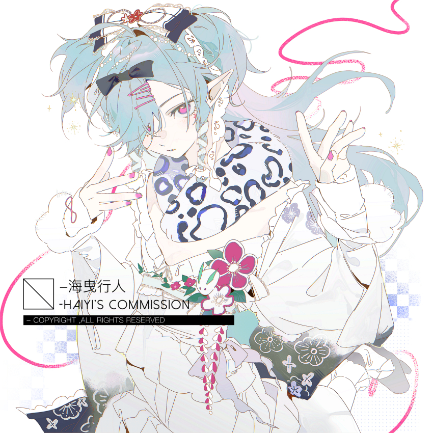 1girl absurdres ahoge beads blue_hair bow braid commission eyelashes fingernails floral_print flower frills hai_yexing_ren hair_bow hair_ornament hairclip hairpin highres japanese_clothes kimono long_hair long_sleeves looking_at_viewer mihuashi_commission nail_polish one_eye_covered original parted_lips pink_eyes pink_flower pink_nails pink_ribbon pointy_ears ribbon solo square sticker sticker_on_face two_side_up white_background wide_sleeves