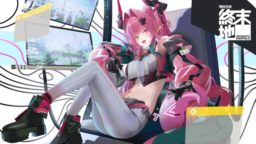 1girl absurdres arknights arknights:_endfield black_gloves black_shoes blue_eyes blue_hair blush breasts chair commentary_request controller detached_sleeves dragon_girl dragon_horns dragon_tail edible_sus game_controller gloves hair_ornament hairclip highres holding holding_controller horns large_breasts looking_at_viewer midriff monitor on_chair open_mouth pants pointy_ears shoes sitting tail white_pants yvonne_(arknights)