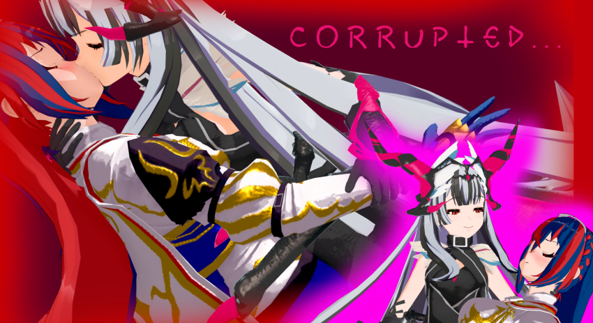 2girls 3d absurdres artist_request assertive_female blue_hair breasts english_text female_alear_(fire_emblem) fire_emblem fire_emblem_engage highres kiss leaning_back leaning_forward long_hair medium_breasts multicolored_hair multiple_girls nintendo non-web_source red_hair small_breasts very_long_hair veyle_(fire_emblem) yuri