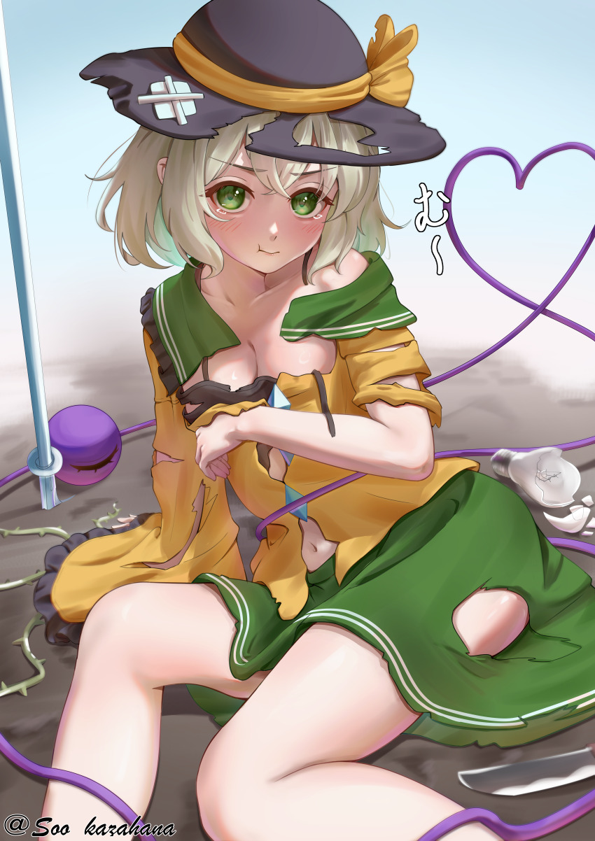1girl absurdres black_camisole black_hat blush breasts buttons camisole cleavage closed_mouth commentary_request covering_breasts covering_privates crossed_bandaids defeat diamond_button eyeball frilled_sleeves frills green_eyes green_hair green_skirt hat hat_ribbon heart heart_of_string highres komeiji_koishi light_bulb long_sleeves looking_at_viewer navel plant pout ribbon shirt skirt solo soo_kazahana tearing_up third_eye thorns torn_camisole torn_clothes torn_shirt torn_skirt touhou translation_request twitter_username vines wide_sleeves yellow_ribbon yellow_shirt