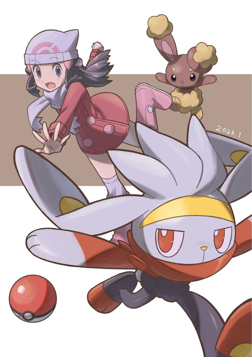 1girl beanie boots buneary clenched_hand coat commentary_request dated dawn_(pokemon) eyebrows_visible_through_hat eyelashes gen_4_pokemon gen_8_pokemon grey_eyes hair_ornament hairclip hat highres leg_up long_hair long_sleeves nintendo open_mouth over-kneehighs pink_boots poke_ball poke_ball_(basic) pokemon pokemon_(creature) pokemon_dppt pokemon_platinum raboot sawa_(soranosawa) scarf sidelocks spread_fingers thighhighs tongue