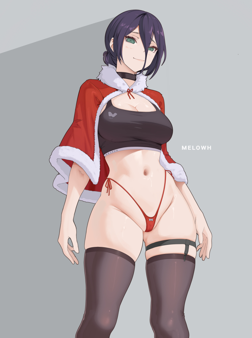1girl absurdres black_hair black_sports_bra blush breasts brown_thighhighs capelet chainsaw_man choker cleavage commentary english_commentary green_eyes hair_between_eyes hair_bun highleg highleg_panties highres looking_at_viewer medium_breasts melowh navel panties red_capelet red_panties reze_(chainsaw_man) short_hair smile solo sports_bra thighhighs thighs underwear