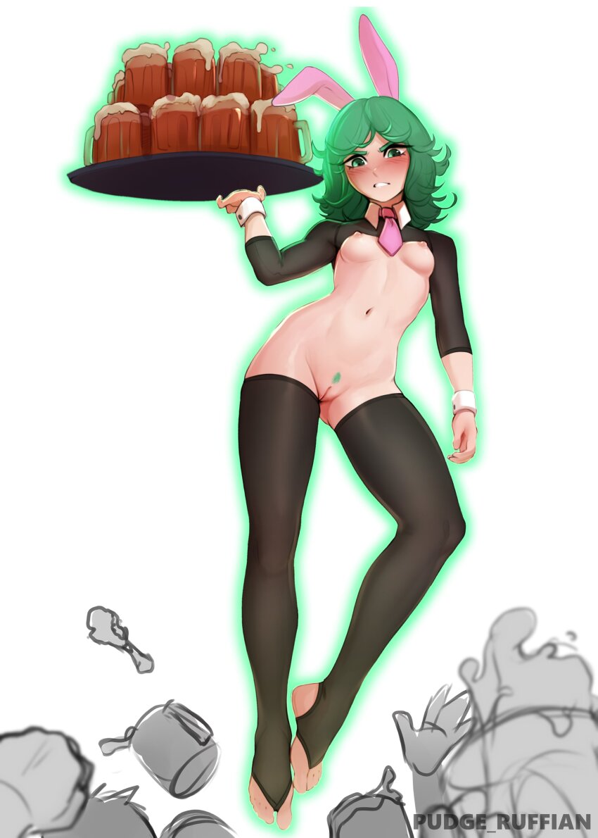 1girl absurdres alcohol animal_ears beer beer_mug black_dress black_hiphighs blush breasts cleft_of_venus cup curly_hair dress fake_animal_ears feet female_pubic_hair flipped_hair floating from_below green_eyes green_hair highres hiphighs legs long_sleeves looking_at_viewer mug nipples no_shoes one-punch_man pubic_hair pudgeruffian pussy rabbit_ears reverse_bunnysuit reverse_outfit small_breasts solo_focus stirrup_legwear tatsumaki teeth toeless_legwear toes uncensored