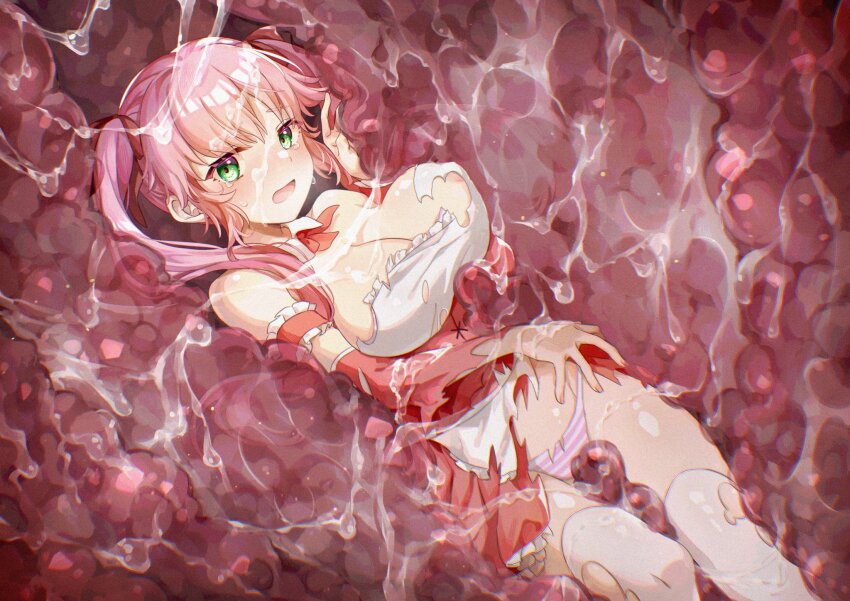 1girl armband bow bowtie breasts commentary_request commission crying detached_collar detached_sleeves dissolving_clothes frilled_armband frills green_eyes highres inside_creature large_breasts nipple_slip nipples open_mouth original panties pink_hair pink_panties red_bow red_bowtie red_skirt second-party_source skeb_commission skirt solo striped_clothes striped_panties tears thighhighs torn_clothes torn_skirt torn_thighhighs tsuyuki_yutaro twintails underwear vore wet white_thighhighs