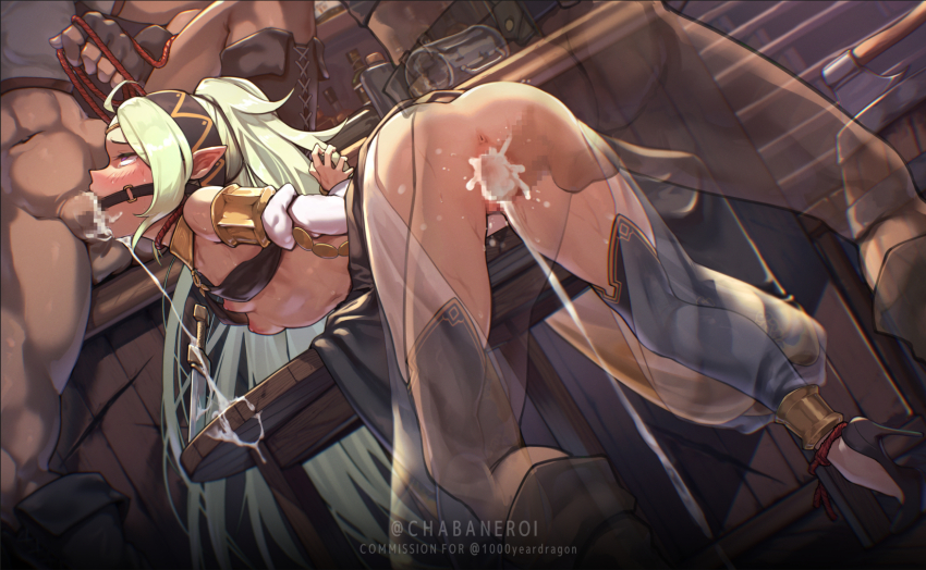 1girl 2boys ahegao alternate_costume anus arms_behind_back ass bdsm bent_over black_thighhighs blush bondage bound breasts censored cosplay cum cum_in_mouth cum_in_pussy cum_overflow dancer double_penetration fellatio female_focus fingerless_gloves fire_emblem fire_emblem_awakening fire_emblem_heroes gag gagged gloves green_eyes green_hair high_heels highres indoors kanchigai long_hair mosaic_censoring multiple_boys nintendo nipples nowi_(fire_emblem) olivia_(fire_emblem) olivia_(fire_emblem)_(cosplay) oral penis pointy_ears ponytail rape restrained ring_gag rolling_eyes small_breasts spitroast standing thighhighs vaginal very_long_hair