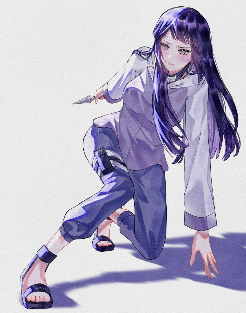 1girl absurdres blue_hair blue_pants breasts byakugan full_body grey_eyes highres holding holding_knife hood hooded_jacket hyuuga_hinata jacket knife kunai large_breasts multicolored_jacket naruto_(series) naruto_shippuuden pants purple_jacket shadow simple_background solo two-tone_jacket veins weapon white_background white_jacket zimo_on