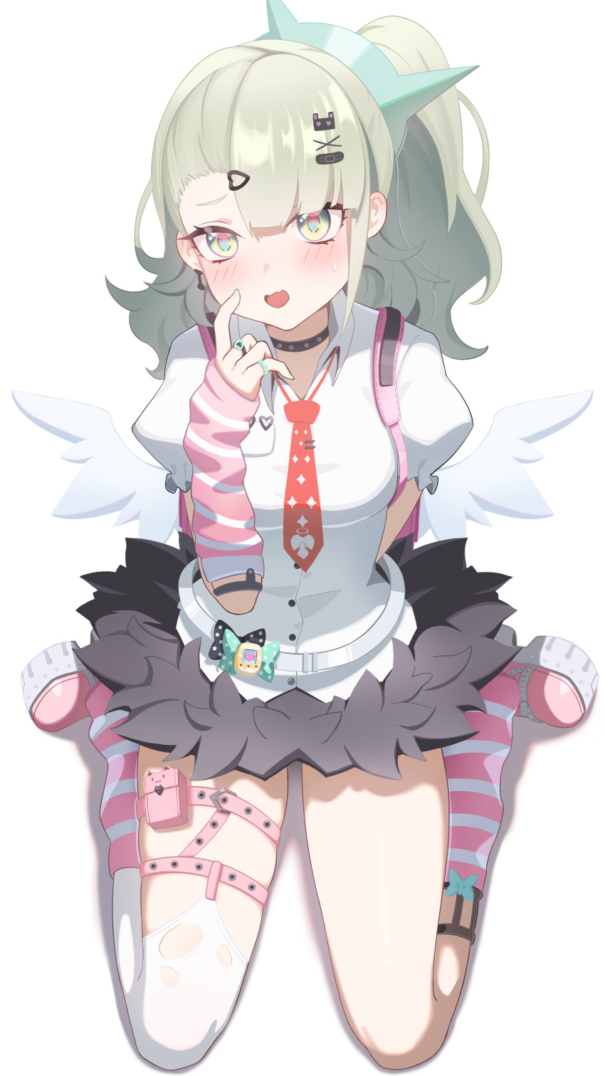 1girl absurdres aqua_nails arm_behind_back arm_warmers bandaid bandaid_hair_ornament black_skirt blush breasts collar commentary_request dyboluo fang finger_to_cheek fur-trimmed_skirt fur_trim green_eyes green_hair hair_ornament heart heart_hair_ornament highres jewelry leg_warmers looking_at_viewer multiple_hair_clips multiple_rings multiple_thigh_straps necktie open_mouth pink_arm_warmers pink_bag pink_leg_warmers pink_shoes ponytail red_necktie ring shirt shoes simple_background sitting skin_fang skirt small_breasts solo striped_arm_warmers striped_leg_warmers sunna_(zenless_zone_zero) sweatdrop thigh_strap wariza white_background white_shirt white_wings winged_bag wings zenless_zone_zero