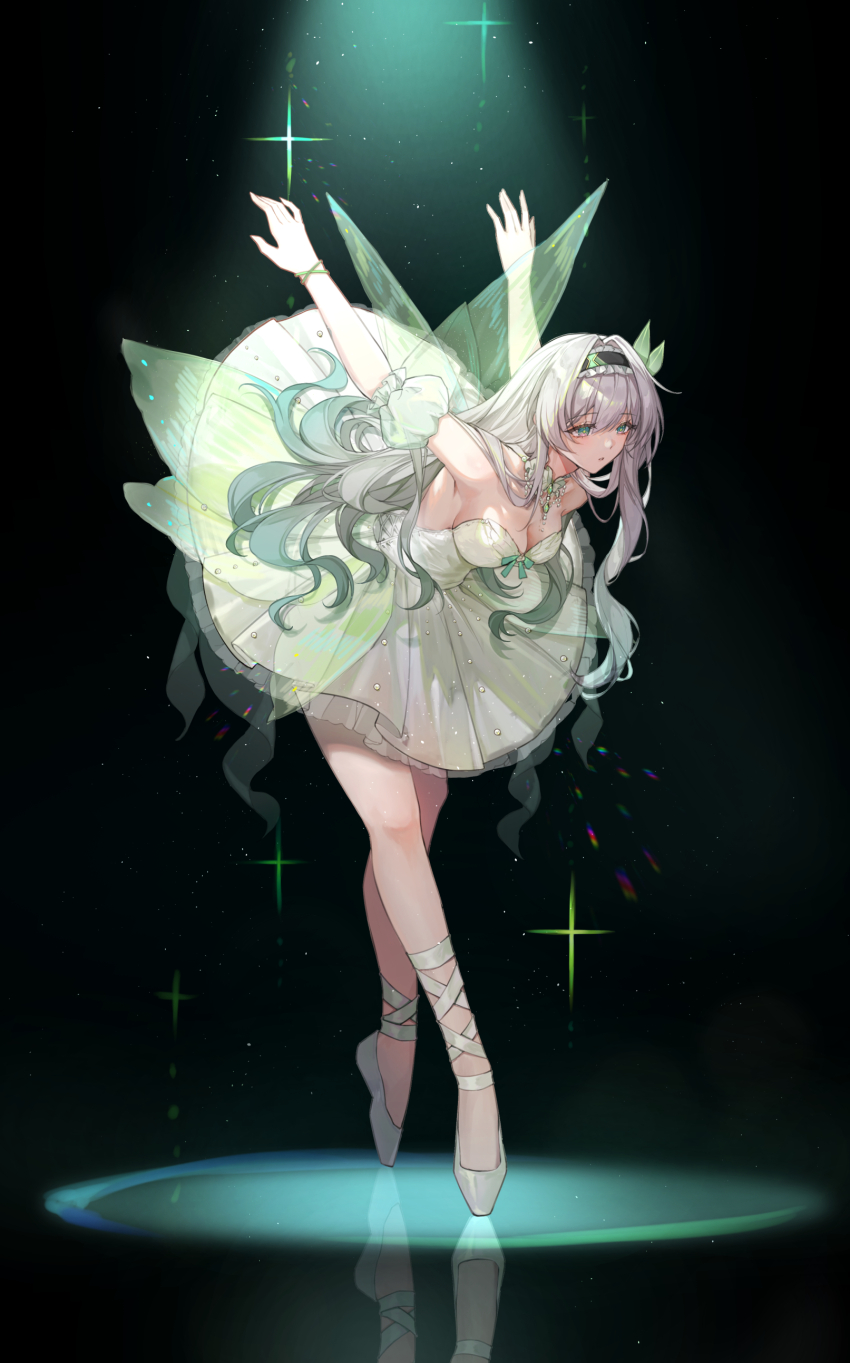 1girl absurdres aqua_hair arms_behind_back arms_up bare_shoulders black_background breasts cleavage dancer dress fake_wings firefly_(honkai:_star_rail) frilled_hairband frills full_body gradient_hair grey_hair hair_between_eyes hair_ornament hairband highres honkai:_star_rail honkai_(series) insect_wings jewelry long_hair multicolored_eyes multicolored_hair parted_lips simple_background solo white_dress wings yolanda