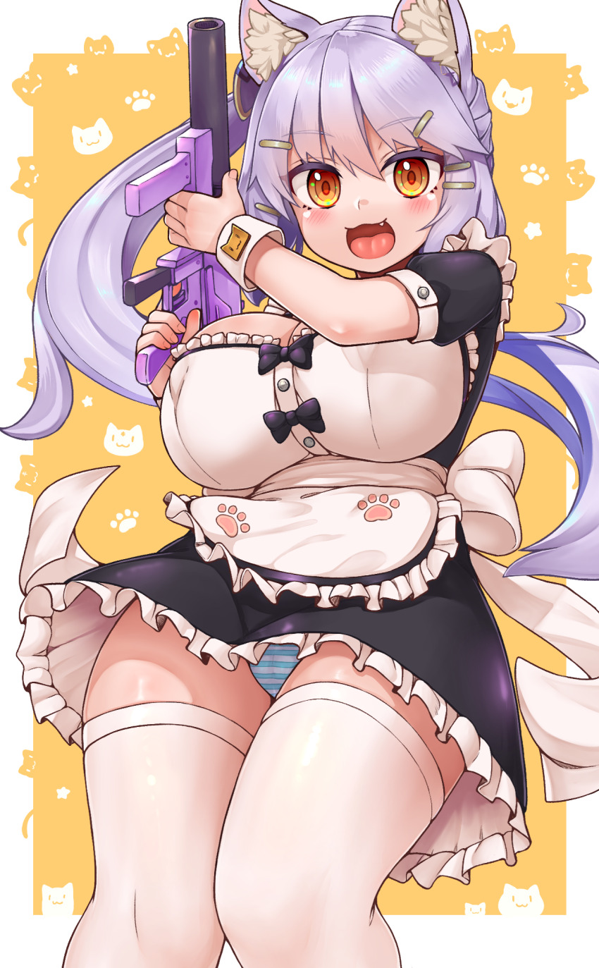 1girl :3 animal_ear_fluff animal_ears apron aqua_panties black_bow black_dress blue_panties border bow breasts buttons cat_ears cat_girl chiroshiron covered_erect_nipples dress fang feet_out_of_frame floating_hair frilled_apron frilled_dress frills grey_hair gun hair_between_eyes hair_ornament hairclip hands_up holding holding_gun holding_weapon knees_together_feet_apart large_breasts long_hair looking_at_viewer maid open_mouth original outside_border panties pantyshot paw_print ponytail puffy_short_sleeves puffy_sleeves short_dress short_sleeves smile solo striped_clothes striped_panties thighhighs tongue underwear very_long_hair weapon white_apron white_thighhighs white_wrist_cuffs wrist_cuffs yellow_background yellow_eyes
