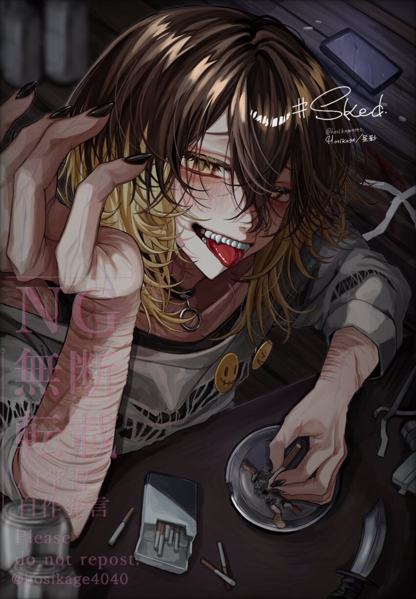 1boy :p aegyo_sal ashtray black_nails blonde_hair brown_hair cigarette cigarette_pack commentary_request commission foreshortening from_above grin hand_up highres holding holding_cigarette hosikage4040 looking_at_viewer male_focus multicolored_hair o-ring_collar original phone skeb_commission smile solo sweater table tongue tongue_out two-tone_hair white_sweater yellow_eyes