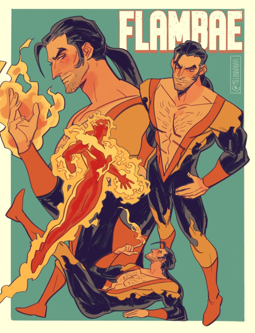 1boy beard black_hair chest_hair commentary dispatch english_commentary facial_hair fire flambae_(dispatch) highres long_hair looking_at_viewer melonnabar muscular muscular_male ponytail pyrokinesis red_eyes standing superhero_costume