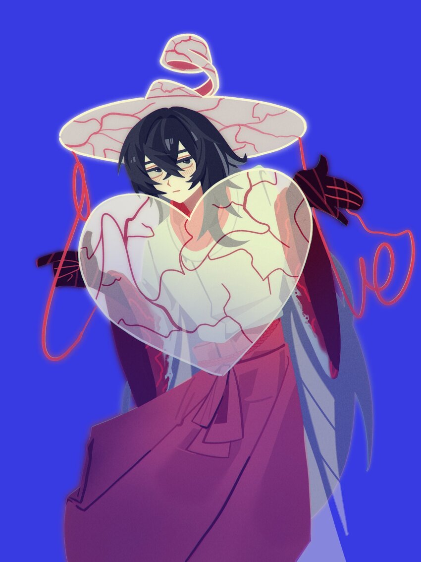 1boy apron black_eyes black_hair black_skin closed_mouth colored_skin commentary cowboy_shot crossed_bangs expressionless fillter_no gat_(hat) great_trichiliocosm_(e.g.o) hanbok hands_up hat highres korean_clothes limbus_company long_sleeves project_moon red_apron sidelocks solo string string_of_fate symbol-only_commentary white_hanbok white_hat wide_sleeves yi_sang_(project_moon)