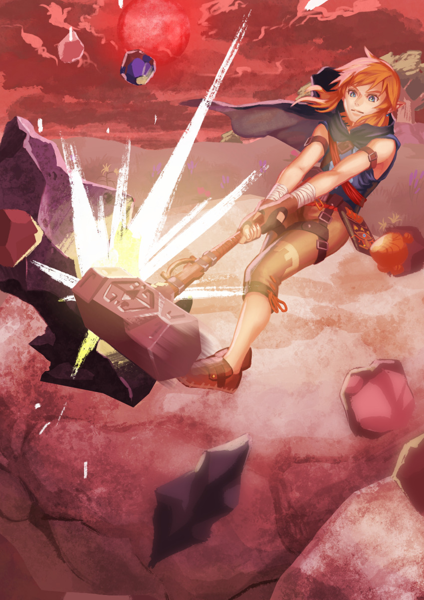 1boy absurdres bandaged_wrist bandages blonde_hair blue_eyes blue_shirt brown_gloves brown_pants brown_shoes closed_mouth cloud cloudy_sky commentary_request earrings eyelashes fingerless_gloves full_moon gem gloves hammer highres holding holding_hammer hood hood_down ino_panda3 jewelry link male_focus medium_hair moon nintendo pants pointy_ears red_moon red_sky rock sheikah_slate shirt shoes sky sledgehammer sleeveless stone_talus the_legend_of_zelda the_legend_of_zelda:_breath_of_the_wild