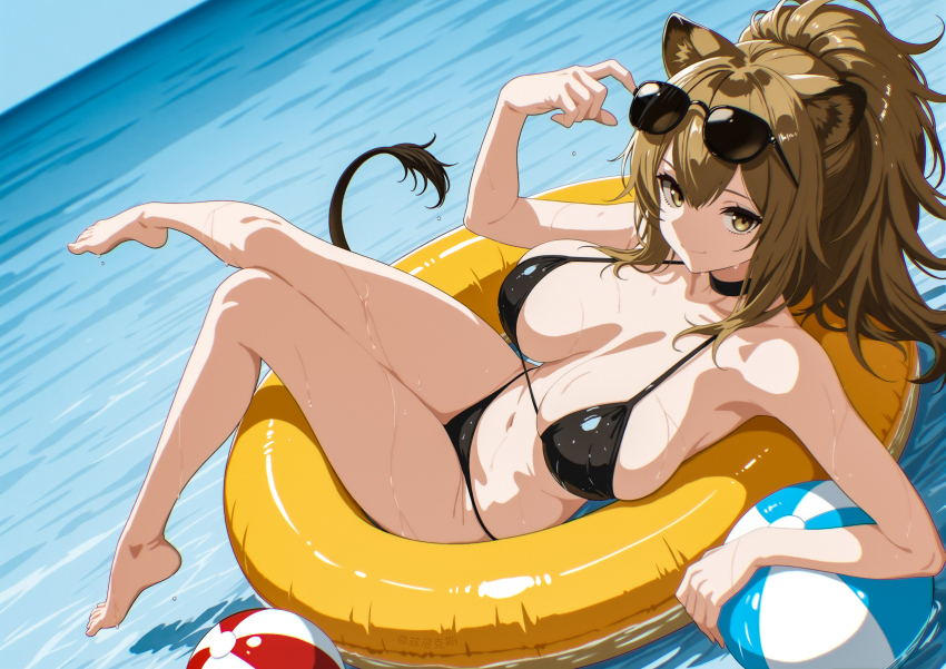 1girl absurdres adjusting_eyewear animal_ear_fluff animal_ears arknights arm_rest arm_up artist_name ball bare_arms bare_legs bare_shoulders barefoot beach beachball bikini black_bikini black_choker blonde_hair blue_sky breasts breasts_apart choker chromatic_aberration closed_mouth collarbone commentary day dutch_angle eyewear_on_head feet from_above hair_between_eyes highres innertube large_breasts leg_up legs lion_ears lion_girl lion_tail long_hair looking_at_viewer lying navel ocean on_innertube outdoors outstretched_leg phoenix_(lanzilong646) sideboob sidelocks siege_(arknights) sky smile solo stomach string_bikini sunglasses sunlight swim_ring swimsuit tail thighs toenails toes very_long_hair water wet yellow_eyes