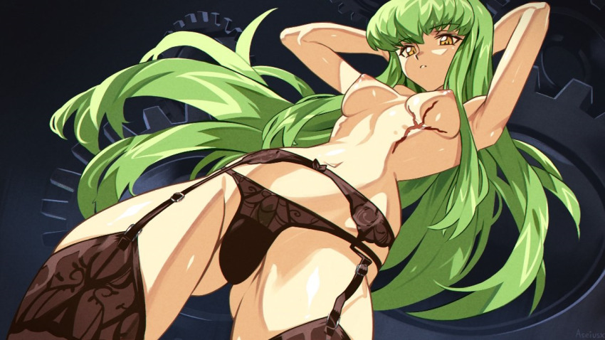 1girl armpits arms_up aseiusx black_garter_belt black_panties breasts c.c. code_geass colored_pubic_hair commentary english_commentary female_pubic_hair garter_belt gluteal_fold green_hair green_pubic_hair long_hair medium_breasts navel nipples orange_eyes panties parted_lips pubic_hair pubic_hair_peek scar scar_on_chest solo stomach sweat thighs topless_female underwear underwear_only
