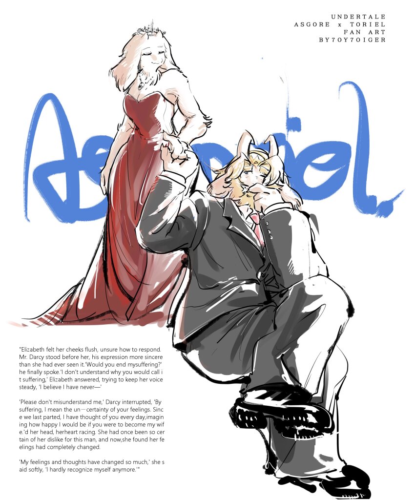 1boy 1girl 7oy7iger absurdres artist_name asgore_dreemurr beard black_pants black_suit blonde_hair blush character_name closed_eyes closed_mouth commentary copyright_name crown dress english_commentary english_text facial_hair floppy_ears formal_clothes furry furry_female furry_male goat_horns highres holding_hands horns looking_at_another looking_up necktie one_eye_closed pants red_dress red_necktie sitting smile suit tiara toriel undertale utdr_(toby_fox) white_background white_fur